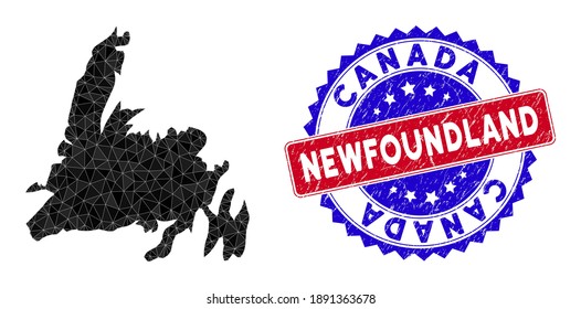 Newfoundland Island map polygonal mesh with filled triangles, and scratched bicolor stamp. Triangle mosaic Newfoundland Island map with mesh vector model, triangles have various sizes, and positions,