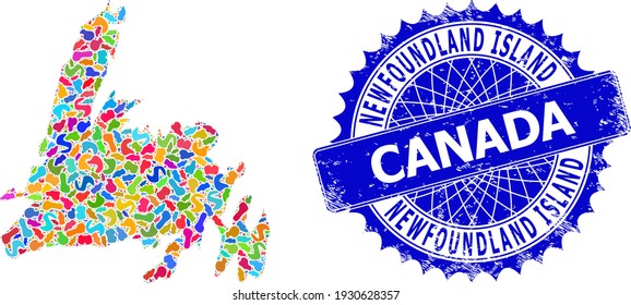 Newfoundland Island map vector image. Blot collage and unclean stamp seal for Newfoundland Island map. Sharp rosette blue stamp seal with tag for Newfoundland Island map.