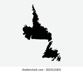 Terranova y Labrador Canada Map Black Silhouette. NL, Provincia Canadiense, Forma la Frontera del Atlas Geográfico. Mapa negro aislado en un fondo blanco. Icono de recorte gráfico del vector EPS