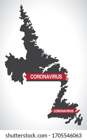 Mapa de Terranova y Labrador CANADA con ilustración de advertencia de Coronavirus