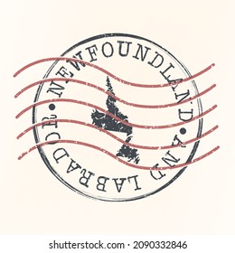 Neufundland und Labrador, Canada Stamp Map Postal. Silhouette. Passport Round Design. Vektorsymbol. Design Retro Travel National Symbol.