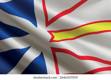 Terra Nova e bandeira Labrador acenando ao vento, textura de seda detalhada e realista. Estado do Canadá