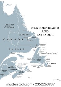 Newfoundland and Labrador, gray political map. Province of Canada, in the Atlantic region. With capital St. Johns, Newfoundland island and continental region of Labrador between Quebec and Atlantic.