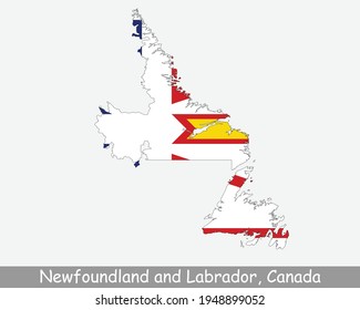Newfoundland and Labrador Map Flag. Map of NL, Canada with flag isolated on white background. Canadian province. Vector illustration.