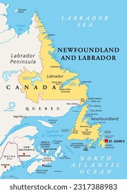 Newfoundland and Labrador, political map. Province of Canada, in the Atlantic region, with capital St. Johns. Island of Newfoundland and continental region of Labrador between Quebec and the Atlantic.