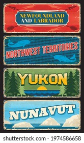 Newfoundland and Labrador province, Northwest, Yukon and Nunavut territories of Canada vector plates. Canadian regions vintage banners with Yukon river and forest, icebergs, narwhals and arrows