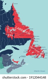 Newfoundland and Labrador province vector editable map of the Canada with capital, national borders, cities and towns, rivers and lakes. Vector EPS-10 file