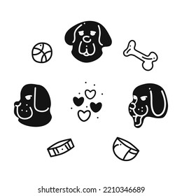 Newfoundland set. Small set with Newfoundland dog heads, bone, ball, bowl, collar, hearts. Black and white cartoon doodle illustration.