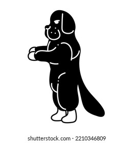 Newfoundland3. Silhouette of Newfoundland dog stands on its hind legs sideways towards us. Black and white cartoon doodle illustration.
