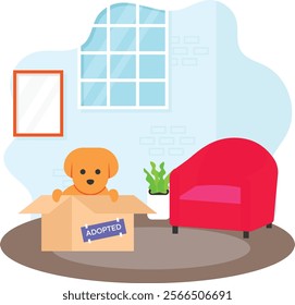 Newly Adopted Pet Doggy coming out of Box concept, Kitty exploring its new surroundings with wide-eyed wonder vector, Pet foster hotel Symbol kennel animals Sign, Human-animal interaction illustration