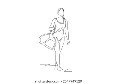 Newly arrived woman at the gym. Fitness woman concept one-line drawing