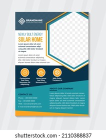 newly built energy solar home flyer design template use vertical layout with white background. combination of orange and multicolor blue on element design. hexagon space of photo collage.