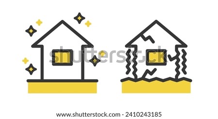 A newly built house and a house damaged by an earthquake. Illustration set.