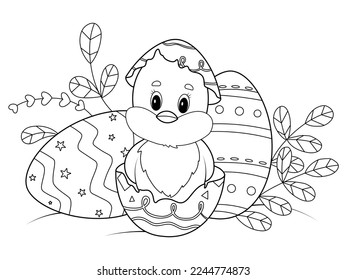 Newly hatched Easter chicken. Children coloring book. Vector.