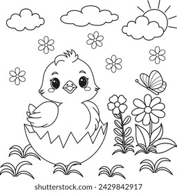 Newly hatched Easter chicken in the garden coloring page 