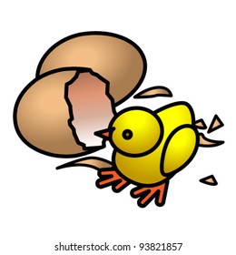 A newly hatched fluffy yellow chick with another egg waiting to hatch.