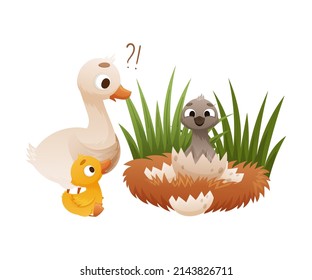 Newly Hatched Swan In Egg. Ugly Duckling Fairy Tale Cartoon Vector Illustration