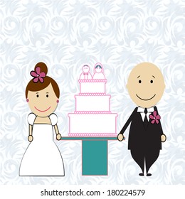 newly married couple smiles in front of their wedding cake.