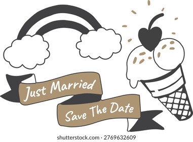 A newly married couple standing together under a sign that says 'just married' and 'save the date'.