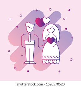 Newly married couple - vector line design single isolated icon, pictogram. Groom and bride standing together