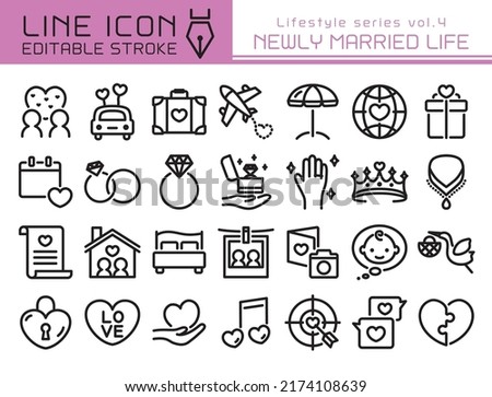Newly married life vector icon set. Editable line stroke.
