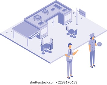 Newly opened Roadside Eatery isometric concept, Restaurant Staff Waiting for Guests vector icon design, Business Center Open symbol, Buy Operating Business Commercial Deal stock illustration 