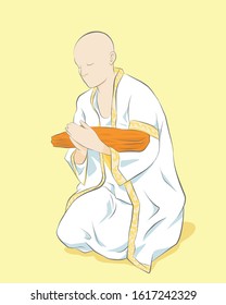 Newly ordained Buddhist monk pray with priest procession. Newly ordained Buddhist monk has a ritual in the temple procession. vector illustration isolated cartoon hand drawn