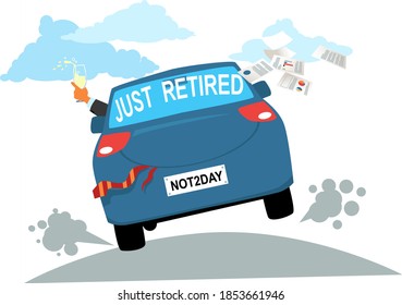 Newly retired person driving away in a decorated car with champagne and throwing business paper out, EPS 8 vector illustration