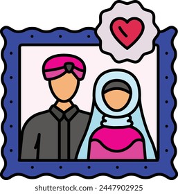 Newly Wed Couple in Photo Frame concept, pre-wedding photography vector icon design, Arabic Muslim marriage Symbol, Islamic wedding customs Sign, asian matrimonial stock illustration