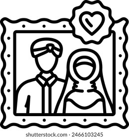 Newly Wed Couple in Photo Frame concept, pre-wedding photography vector outline icon, Muslim marriage Symbol, Islamic wedding customs Sign, Pakistani matrimony stock illustration