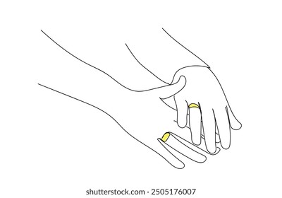 Newly wed couple's hands with wedding rings.  Continuous one line drawing Picture of man and woman with wedding ring. Ceremony wedding day. Romantic elegance concept and symbol proposal engagement