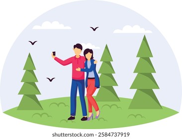 Newly Wedded couple taking selfie while enjoying nature concept, Romantic Outdoor Moment between friends vector design, Love romance banner, Valentines Day Scene, human relationship stock illustration