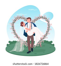 Newlywed couple 2D vector web banner, poster. Groom hold bride. Marriage celebration. Husband and wife flat characters on cartoon background. Wedding ceremony printable patch, colorful web element