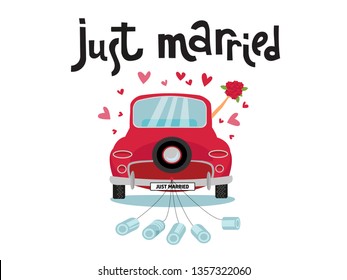 Newlywed couple is driving a vintage convertible car for their honeymoon with just married sign and cans attached. Just married red car with the bride and groom. Vector flat cartoon illustration