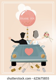 Newlywed couple is driving a vintage convertible car for their honeymoon with just married sign and cans attached. Flat style vector illustration isolated on white background.