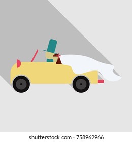 Newlywed couple is driving a vintage convertible car for their honeymoon with just married sign and cans attached. Flat style vector illustration isolated on white background.