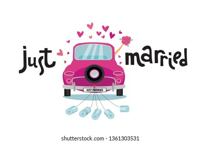 Newlywed couple is driving vintage pink car for their honeymoon with just married lettering sign and cans attached. Bride groom car with hand with bouquet sticking out of window . Vector flat cartoon