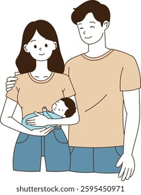 a newlywed couple holding a baby. minimal line art vector illustration.