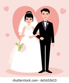 Newlywed couple in love bride and groom in full growth in a flat style/Stock vector cartoon illustration in a flat style happy couple newly married husband and wife.