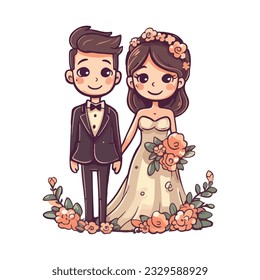 Newlywed couple in love with flowers arrangement icon isolated