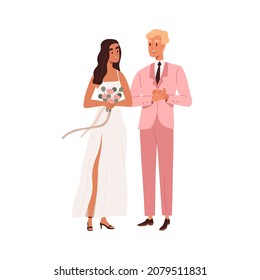 Newlywed couple of man and woman. Married bride and groom. Romantic marriage of love partners. Happy husband in suit and wife in wedding dress. Flat vector illustration isolated on white background