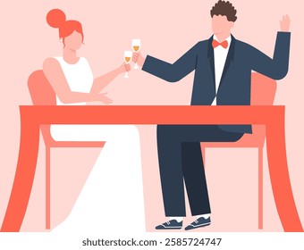 Newlywed couple sitting at a table, raising their glasses in a toast, celebrating their marriage and the start of their journey as husband and wife