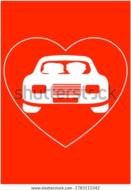 A newlywed couple in a wedding car with hearts.
Valentine's Day. Festive car. Transport. Engagement. Happiness.
Love. Heart symbol. Template with place for text. Avisha.
Background vector image.