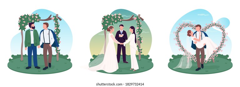 Banner web vector 2D de parejas recién casadas, conjunto de afiches. Celebración de la boda. Personajes de pie homosexuales y heterosexuales sobre el fondo de las caricaturas. Parche de matrimonio imprimible, colorida colección de elementos web