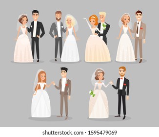 Newlywed couples flat vector illustrations set. Wedding day bride and groom standing and smiling cartoon characters pack. Woman in white bridal dress with veil and man in festive costume.