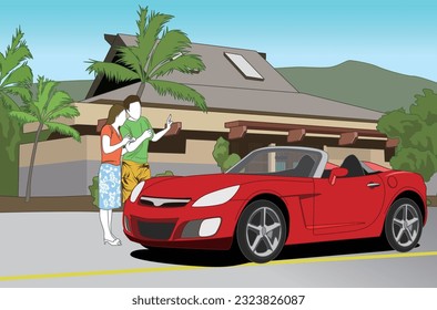 Newlywed couples on their honeymoon in Hawaii are renting a red sports car
