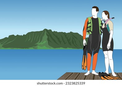 Newlywed couples are preparing for snorkeling in Hawaii
