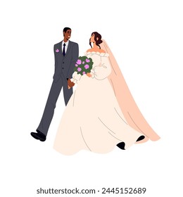 Newlywed family holds hands, goes. Cute interracial couple wedding. Marriage ceremony. Bride in bridal dress with veil carries bouquet. Bridegroom in suit. Flat isolated vector illustration on white svg