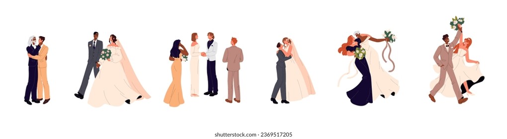 Equipo familiar recién casado. LGBT, boda de pareja homosexual. Ceremonia matrimonial. Mujer, novia y novio abrazan, besan. Esposo y esposa con vestido de novia con flores. Ilustración vectorial aislada plana en blanco