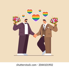 newlywed gay couple with flowers standing together transgender love LGBT community wedding celebration